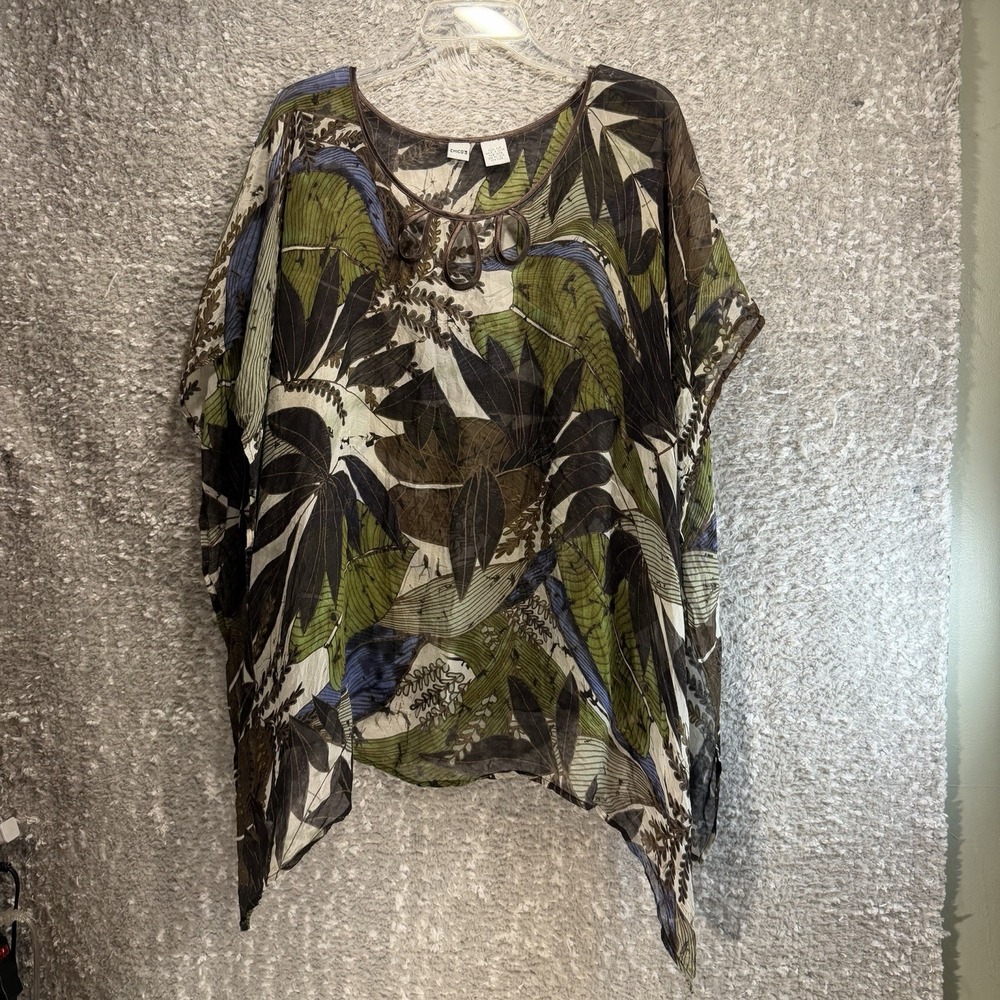 Chico's Silk Poncho Top Womens OS Multicolor Excellent Floral Sheer Draped Boho